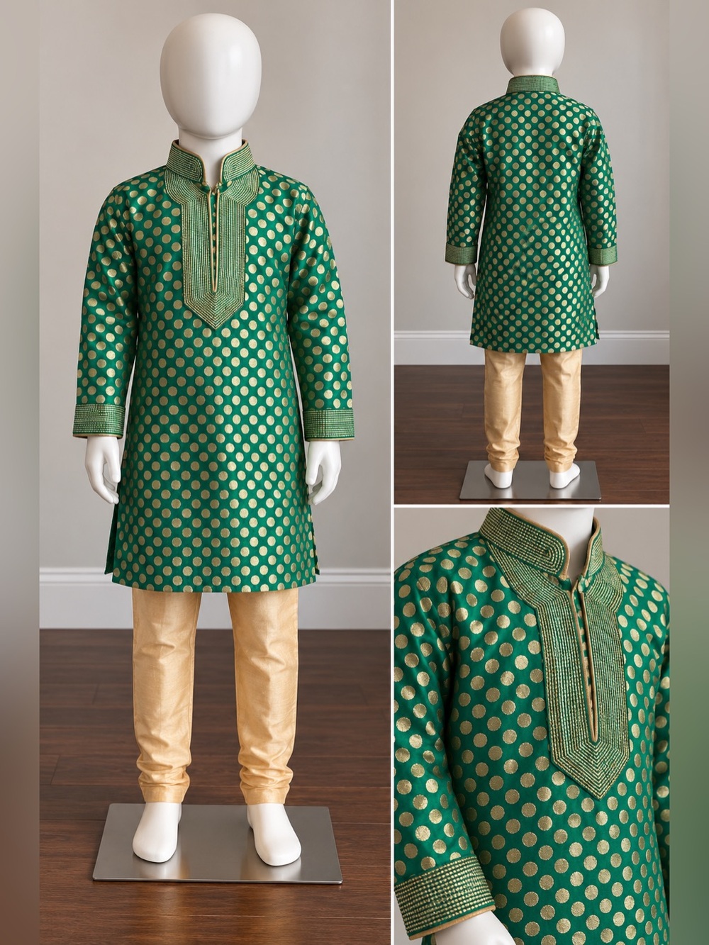 Boys Traditional Pakistani Green & Gold Embroidered Sherwani Kurta